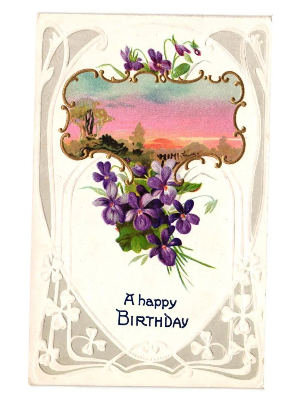 Vintage Embossed Floral Birthday Postcard Violets Pink Sunset Unused Early 1900s